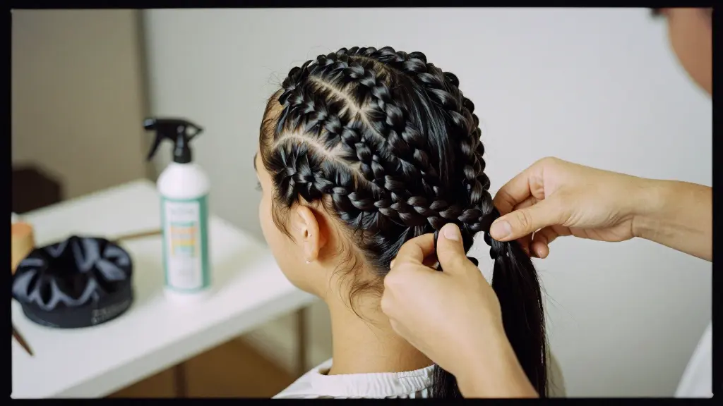 Freshly cleansed and moisturized natural hair being braided down before a wig install