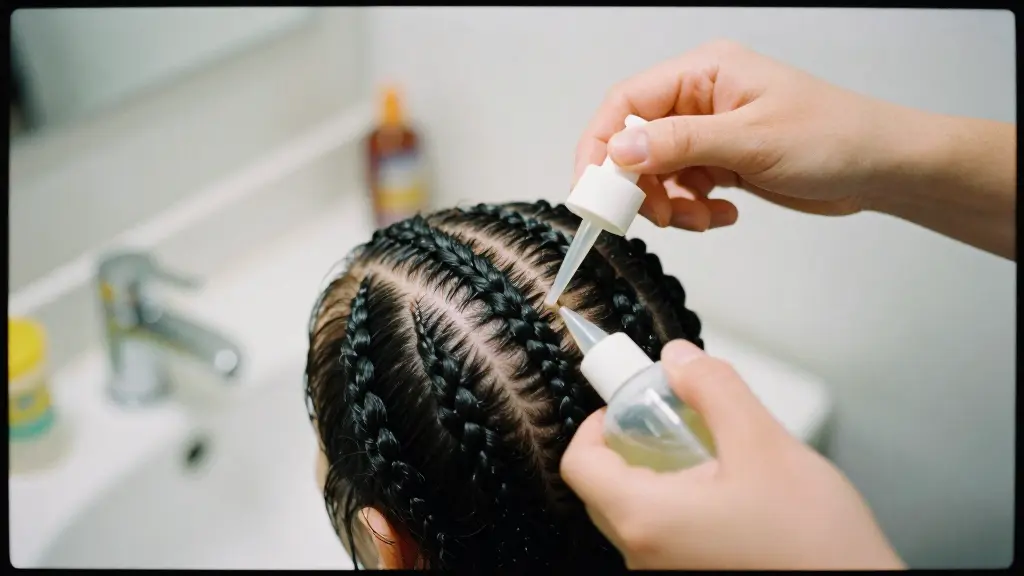 Applicator bottle being used to cleanse the scalp between cornrows during a protective style