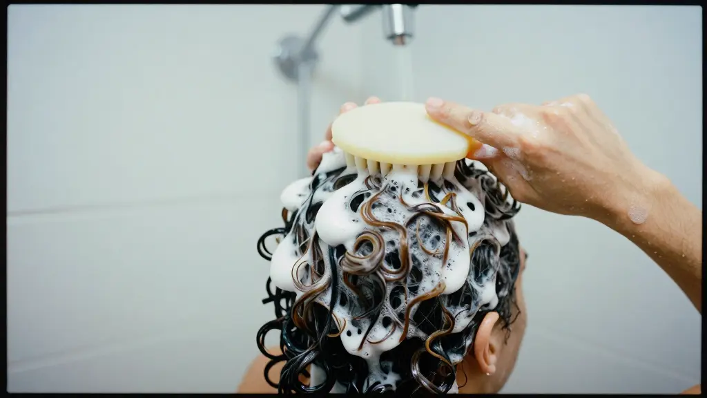Clarifying shampoo being applied to the scalp with a silicone scalp brush