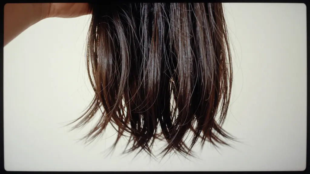 Close-up of frizzy rough ends on a long synthetic wig against smooth healthy mid-lengths