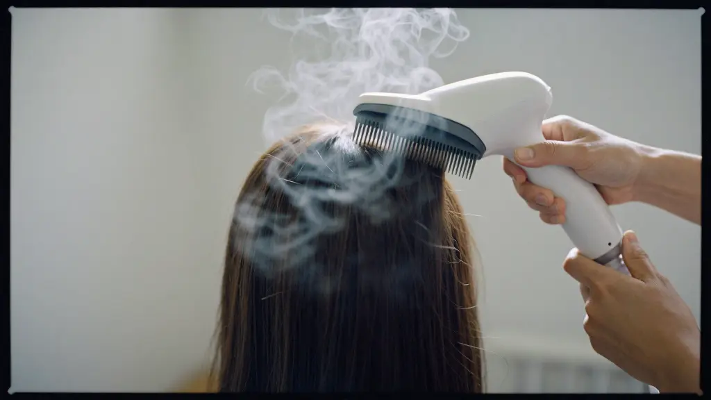 Garment steamer being used on a synthetic wig with a wide-tooth comb drawing the section straight