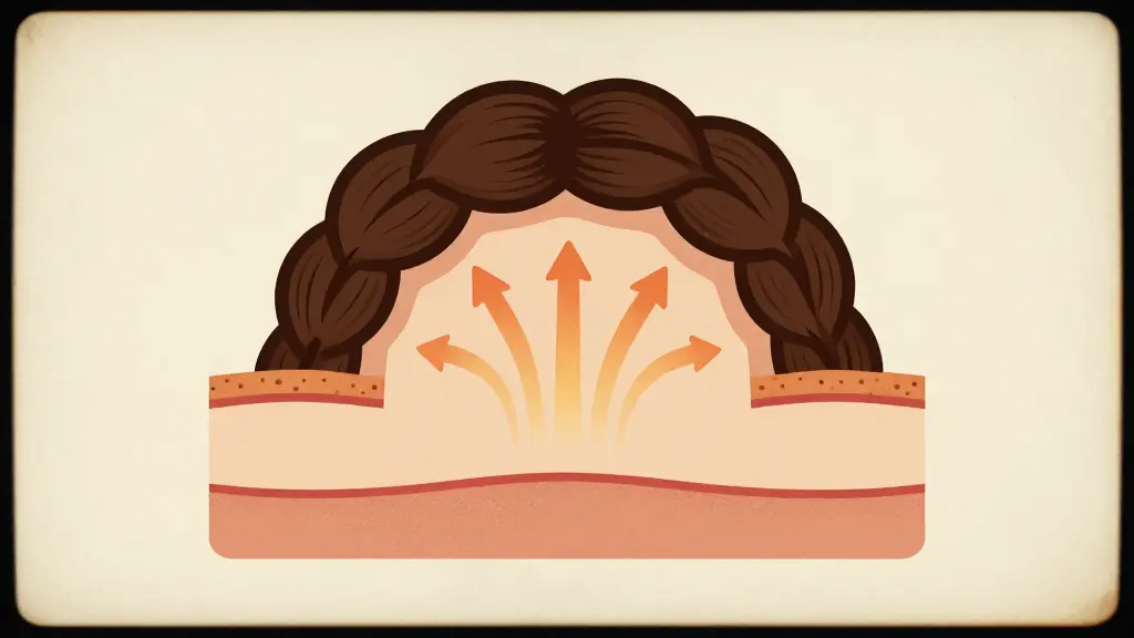 Illustration of the layers between scalp and wig showing heat and moisture trapped beneath a cap