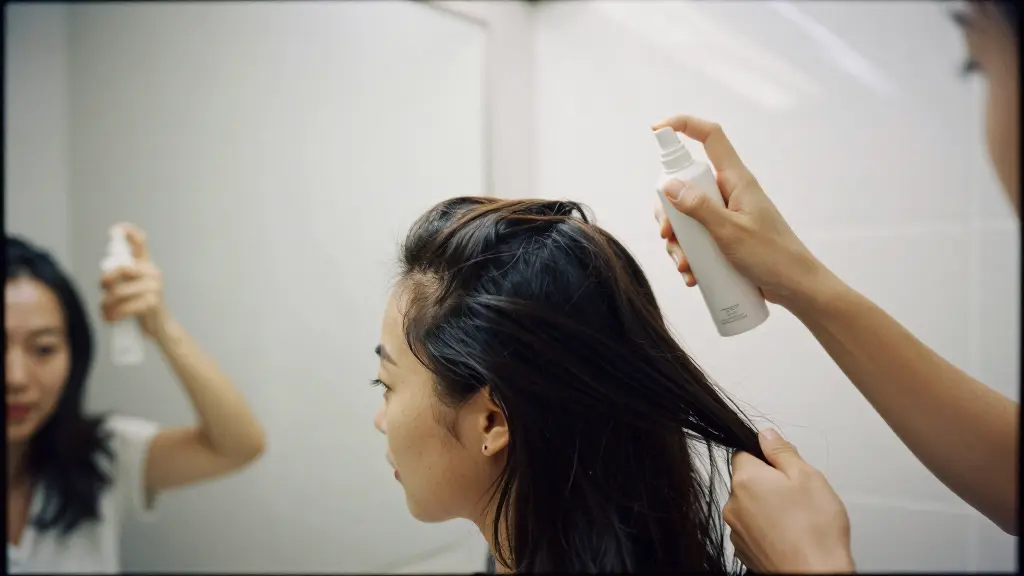 Woman spraying a cooling scalp mist through a parted section of a lace front wig