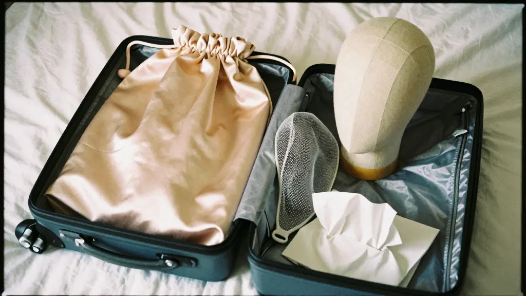 A satin wig bag, collapsible mannequin head and hair net laid out beside an open suitcase