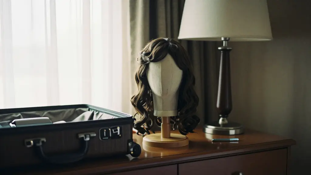 Wig placed on a collapsible mannequin head on a hotel dresser after unpacking