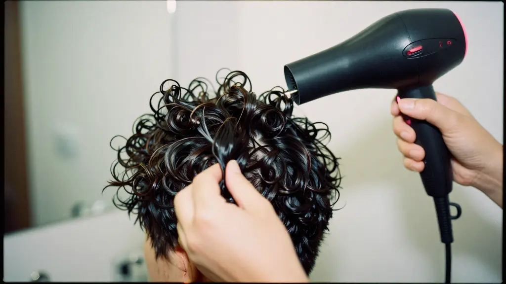 Short curly hair being dried with a diffuser bowl cupping a section upward toward the scalp