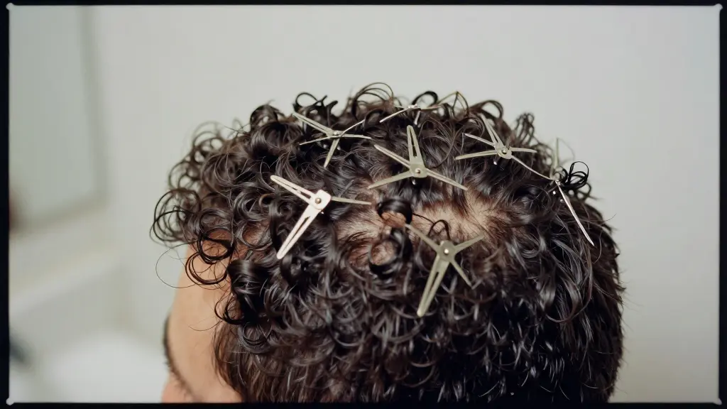 Small metal root clips propping up sections at the crown of short curly hair