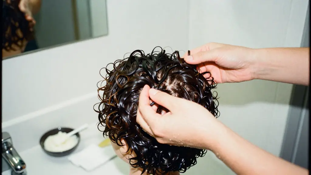 Hands scrunching curl cream upward into a wet curly wig on a stand